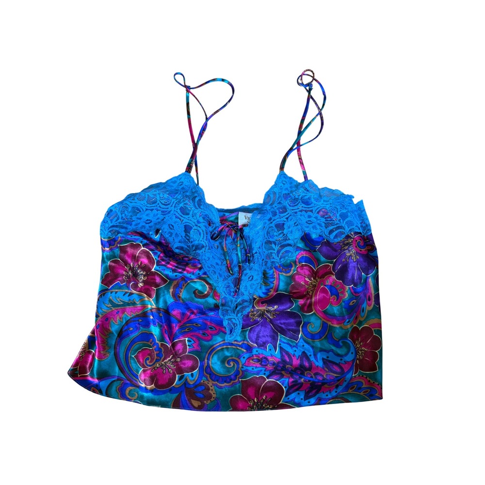 Vintage Victorias Secret Gold Label Floral Lace Satin Camisole Top Blue Large